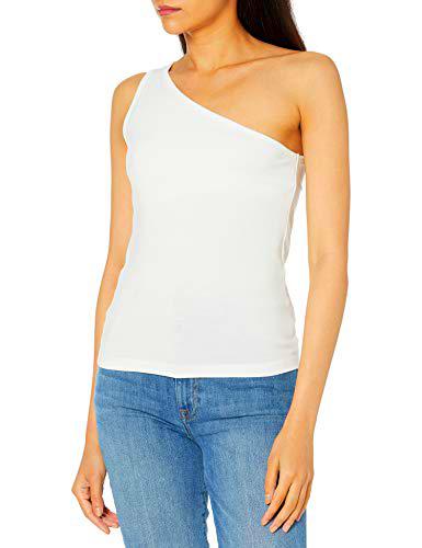 The Drop Payton Top Asimétrico Entallado con Hombro Descubierto para Mujer, Blanco, XS