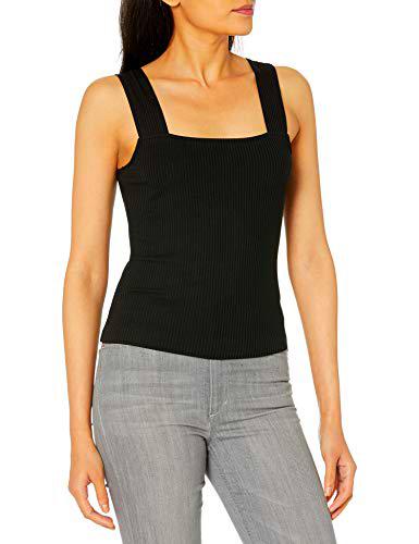 The Drop Jody Camiseta de Tirantes con Cuello Cuadrado Ajustada en Punto de Canalé para Mujer, Negro, L