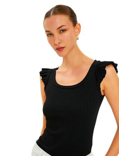 Koton Ruffle U Neck Ribbed Tank Top Camiseta, Negro (999)