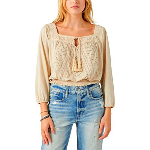 Lucky Brand Top Campesino con Cuentas, Crema, M para Mujer